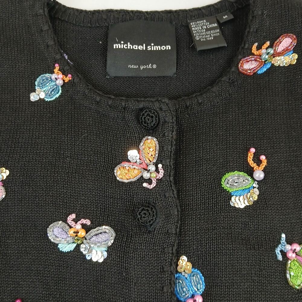 MICHAEL SIMON Cardigan Sweater Medium Black Short Sleeve Beaded Art to Wear 1999